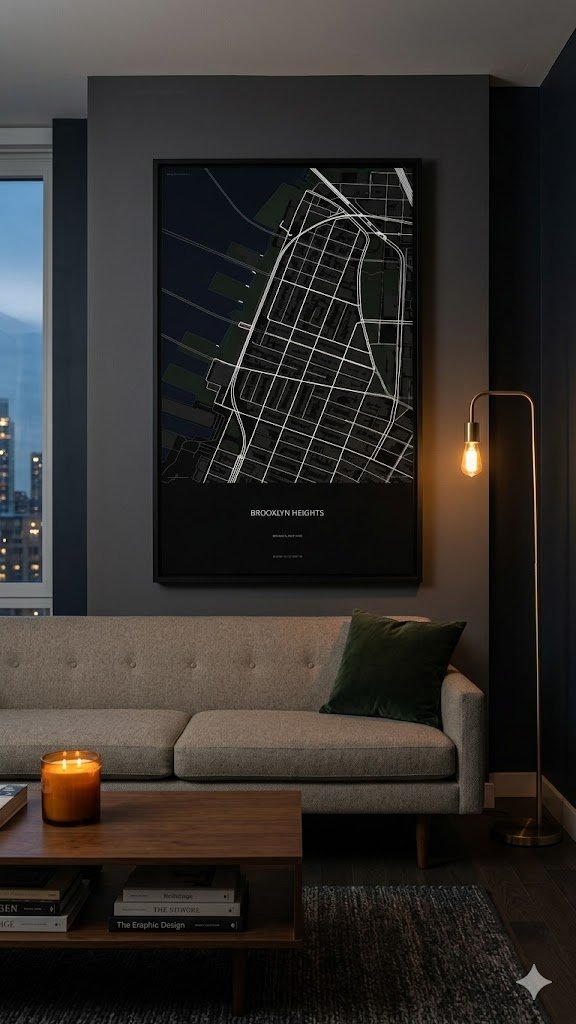 Dark Mode map of Brooklyn Heights in a modern apartment