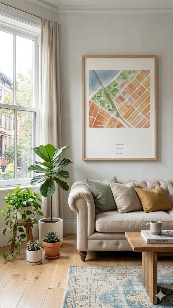 Watercolor map of Astoria in a bright living room